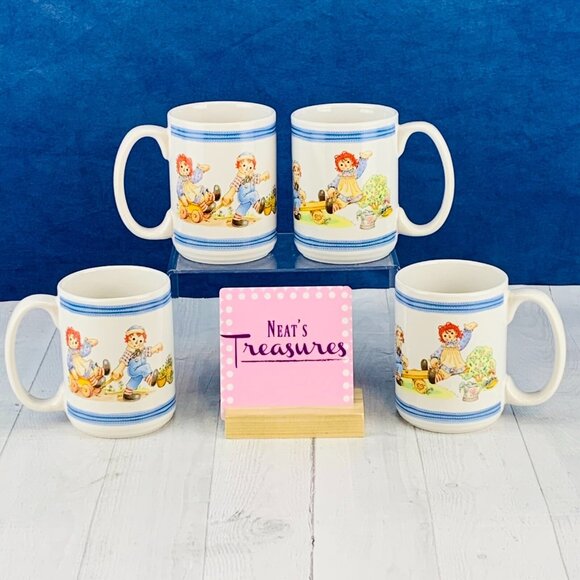 Vintage Houston Harvest RAGGEDY ANN & ANDY Large 16oz Ceramic Mugs Cups Set of 4 - Picture 1 of 8
